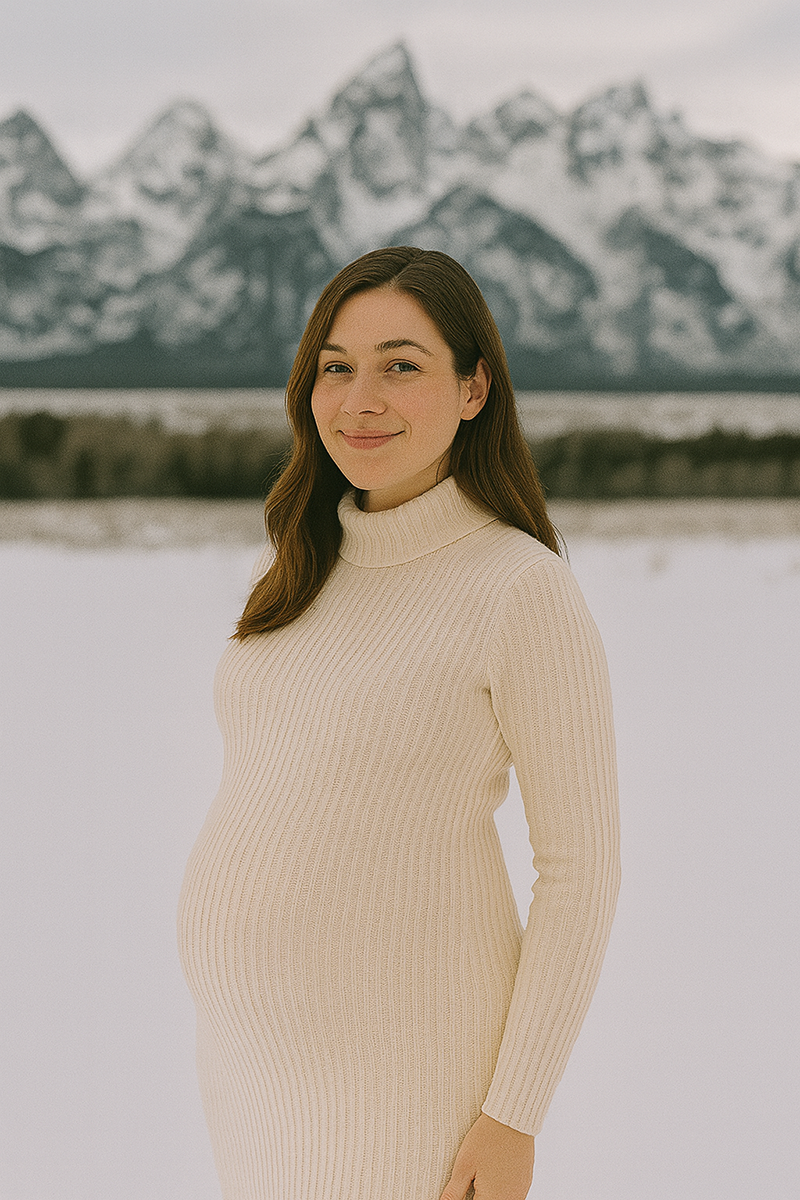 Cream winter maternity dress outfit for elegant snowy photos