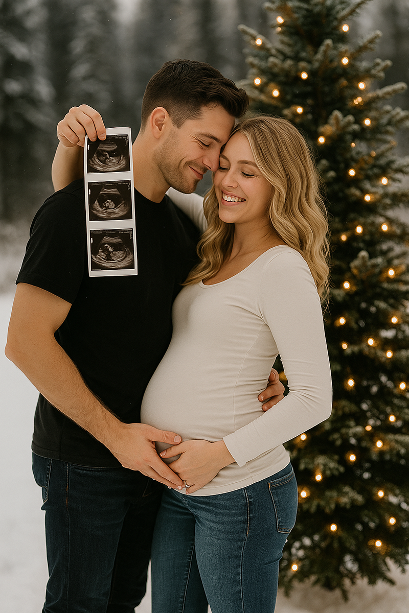 Expecting couple posing in a cozy winter maternity photo shoot, surrounded by softly falling snow, twinkling fairy lights, and sweet props like baby booties and wrapped gifts.
