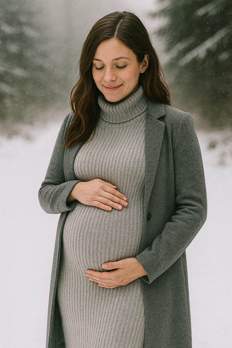 Winter maternity sweater dress outfit in soft knit texture during a snowy photoshoot