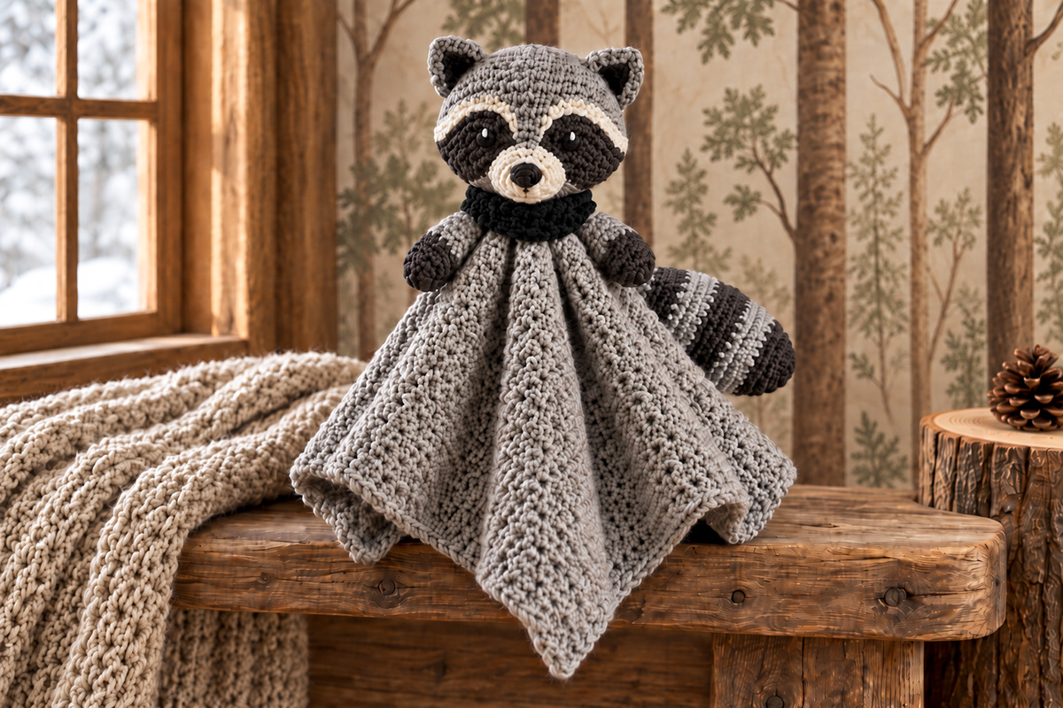 Finished woodland raccoon crochet lovey with gray yarn, dark eye mask, cream muzzle and striped tail