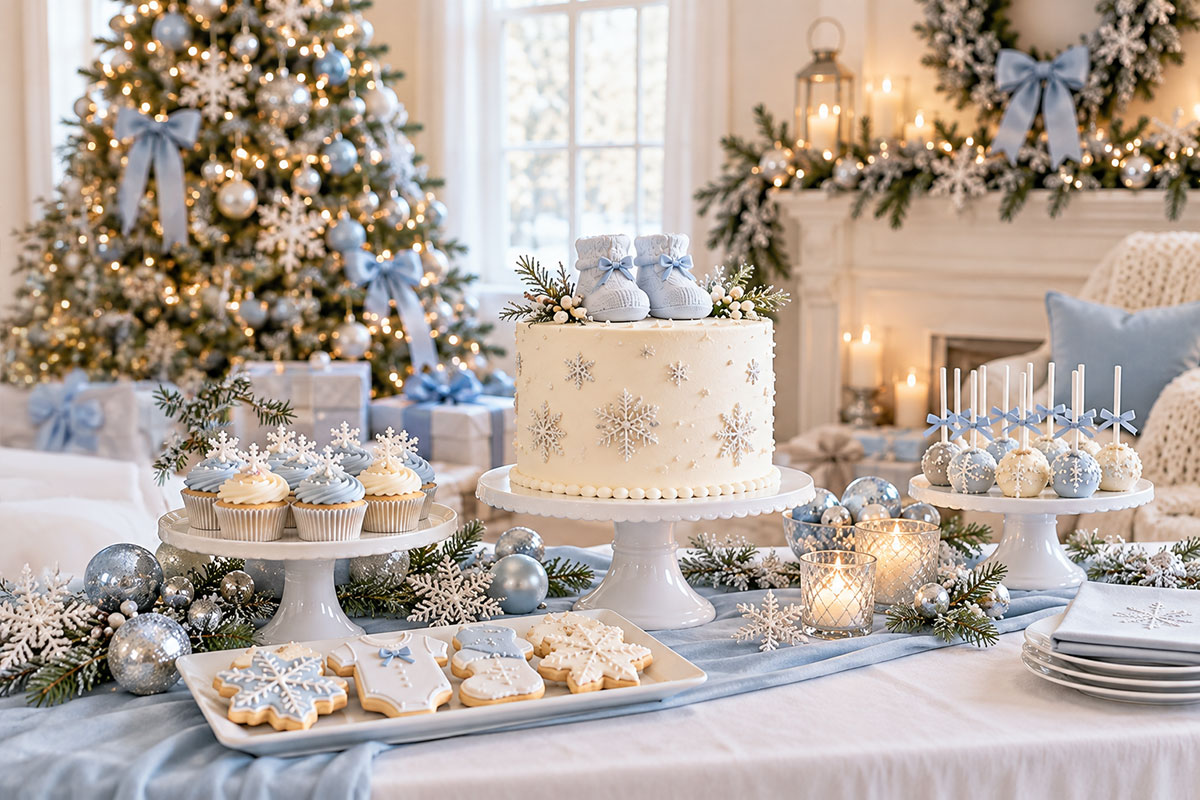 Winter wonderland Christmas baby shower dessert table with a white snowflake cake topped with blue baby booties, icy blue cupcakes, silver ornaments and Christmas decorations