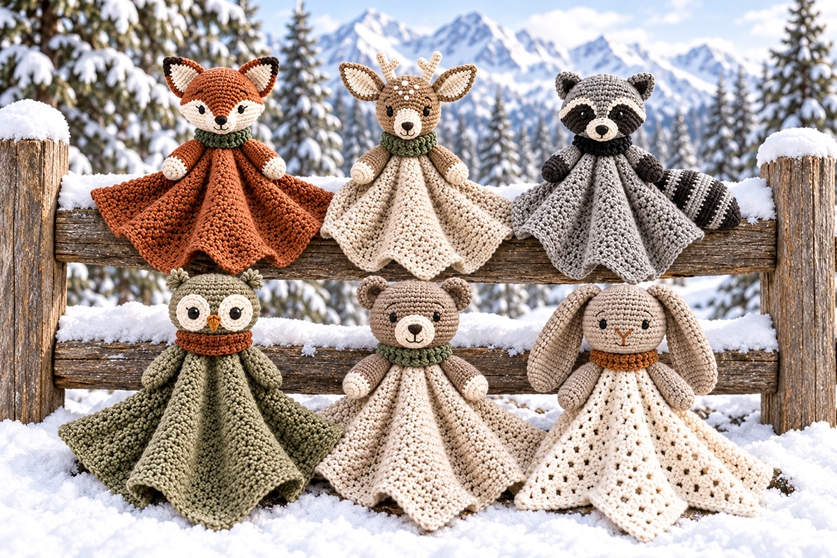 Six winter woodland animal crochet loveys including a fox, deer, raccoon, owl, bear and bunny displayed on a snowy rustic split rail fence with evergreen trees and mountains
