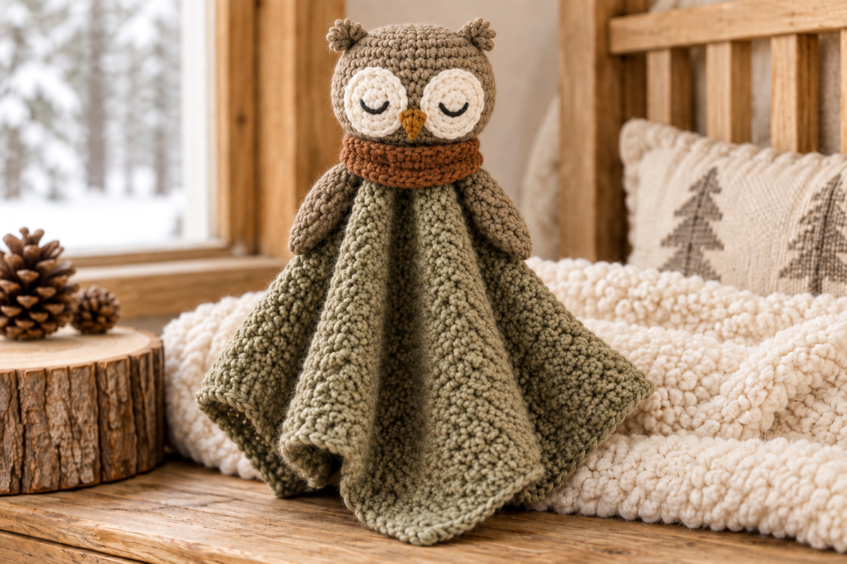 Finished winter woodland owl crochet lovey with muted olive yarn, cream eye circles and compact wings