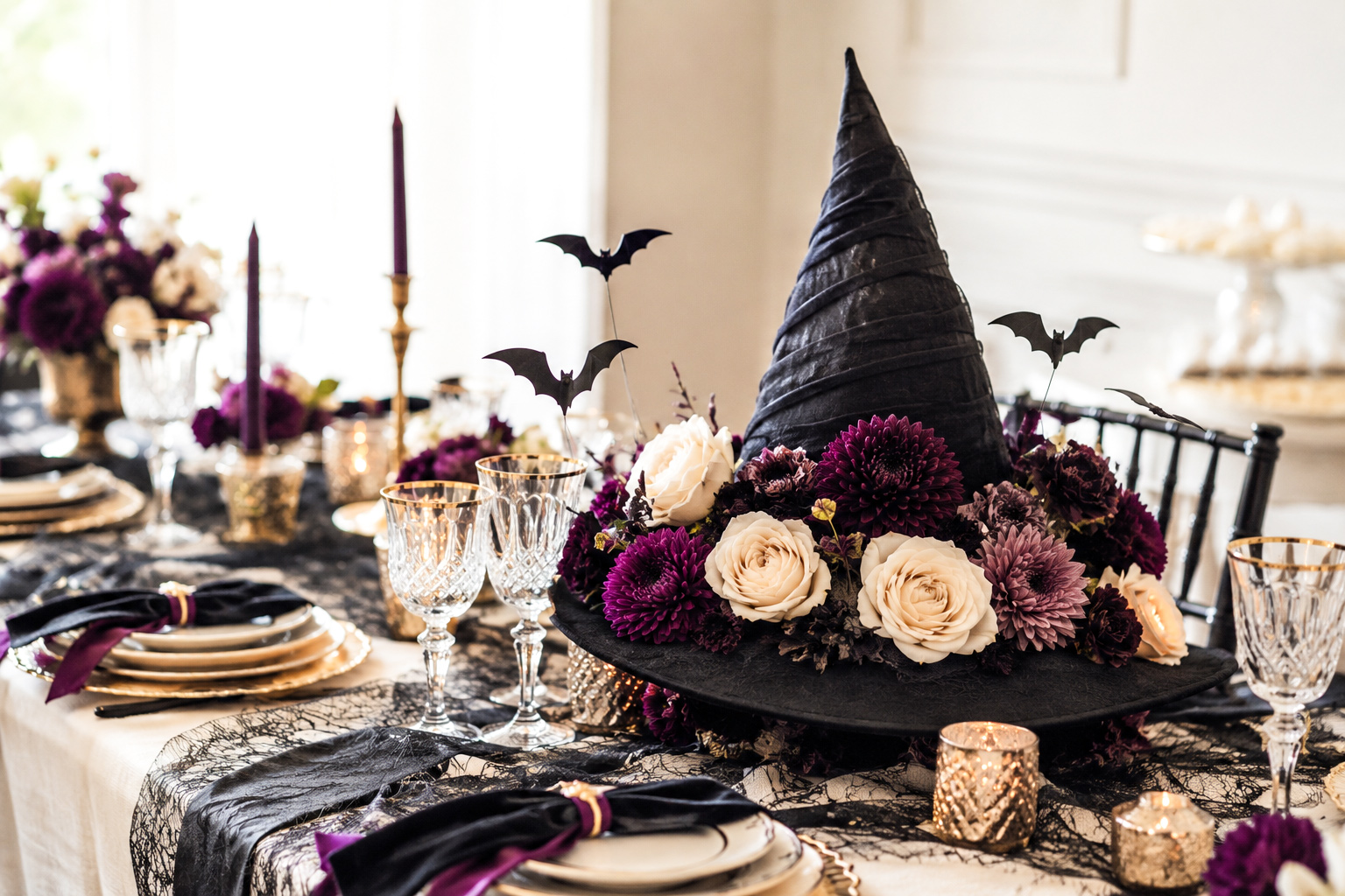 Witch hat floral centerpiece with black witch hat, ivory and plum flowers and small bat accents on a Halloween baby shower table