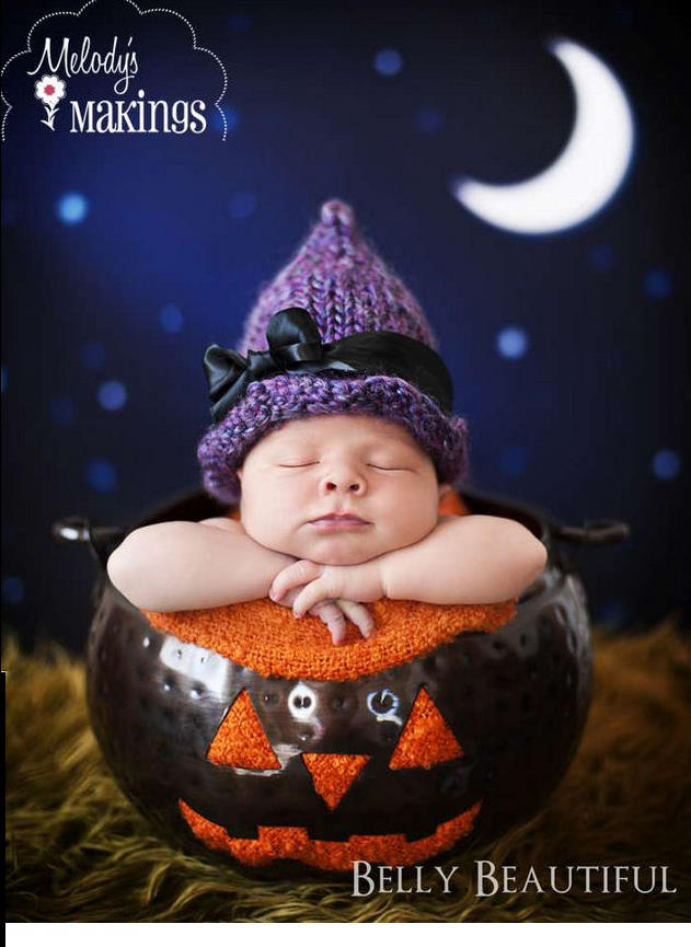 Infant baby girl witch hat knitting pattern for DIY Halloween costume