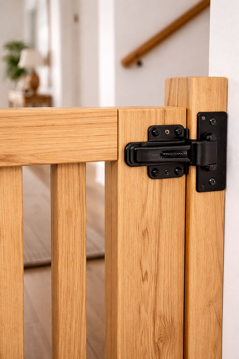 Close-up of hinges and latch hardware on a custom wooden baby gate