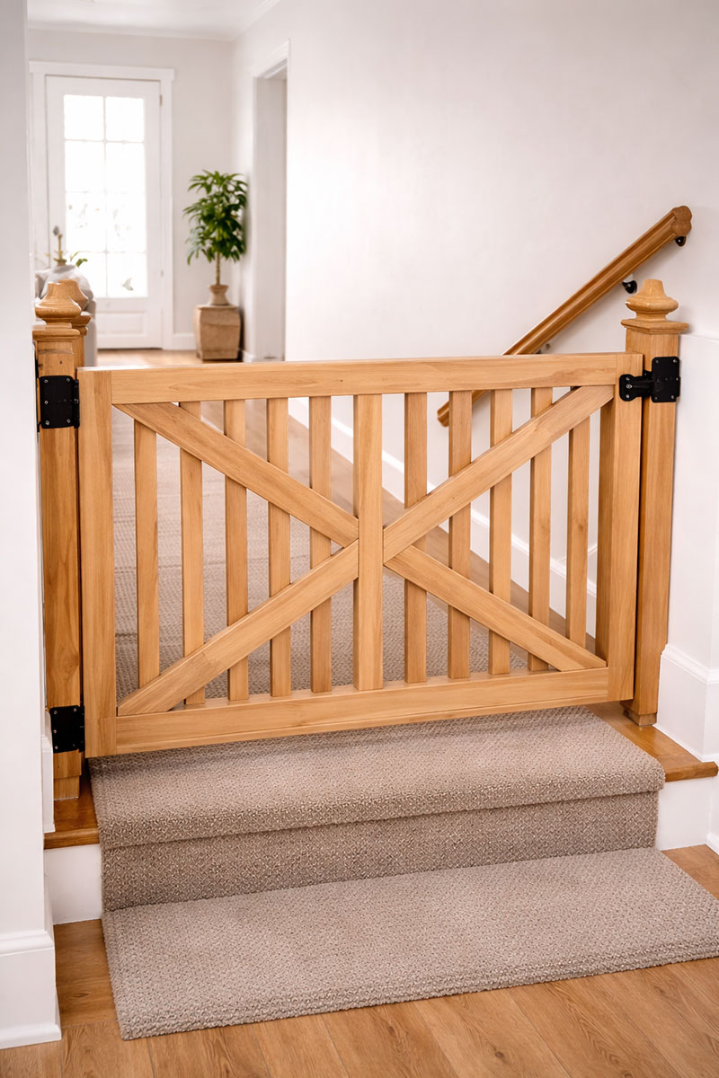 Custom wood baby gate installed at the top of a staircase with matching trim