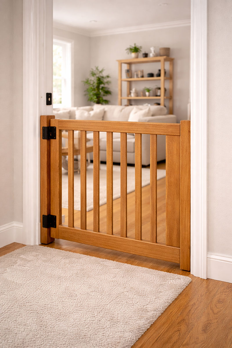 Wood baby gate finished to match nearby trim in a nursery hallway