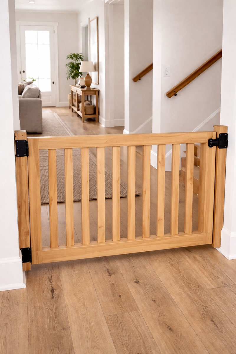 Homemade wood baby gate with vertical slat design installed in a hallway opening
