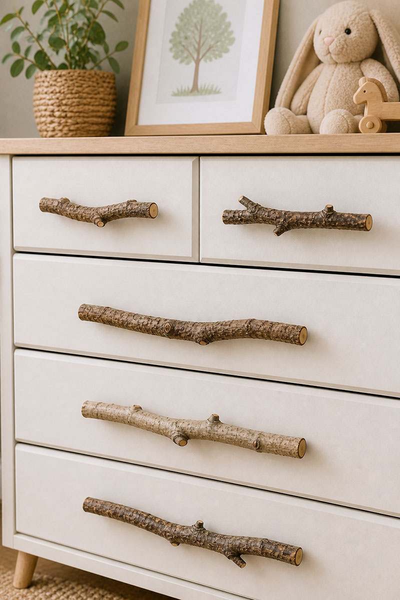 natural wood branch and twig drawer pulls for a woodland nursery