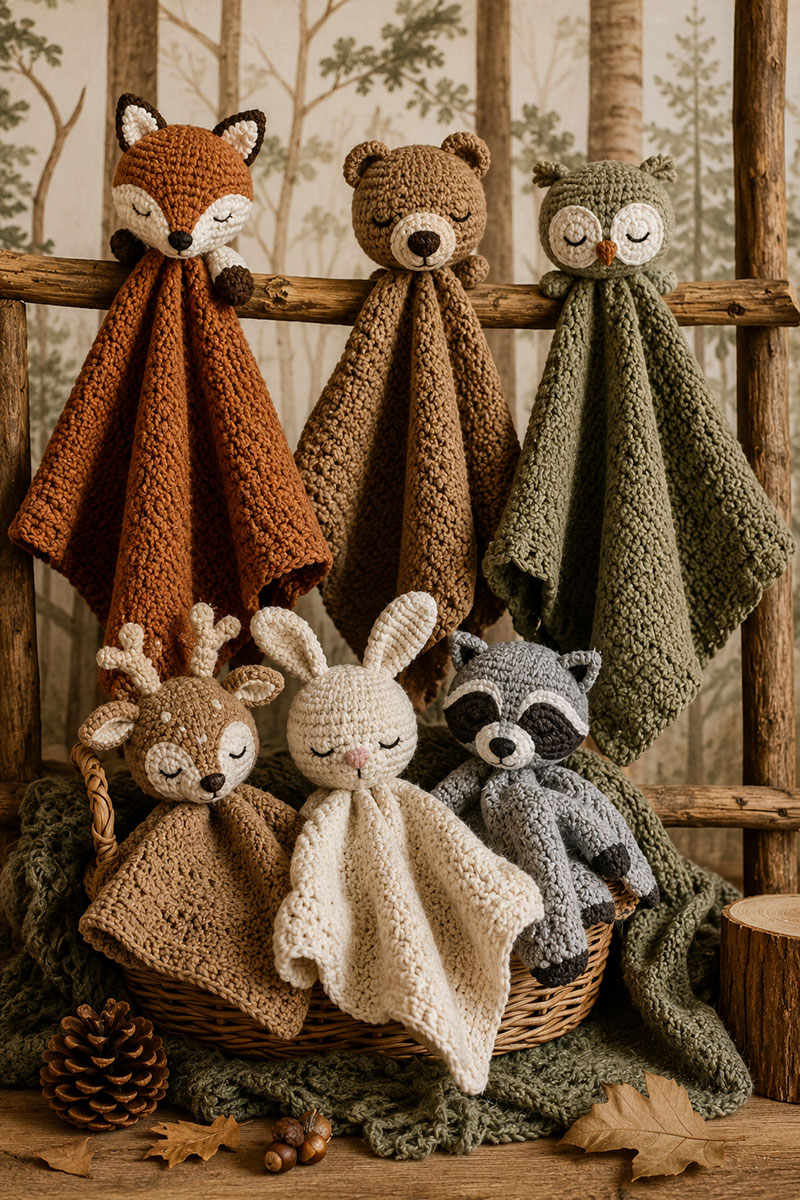 Woodland animal lovey patterns with crochet foxes, bears, owls, rabbits, and forest-themed baby gift ideas