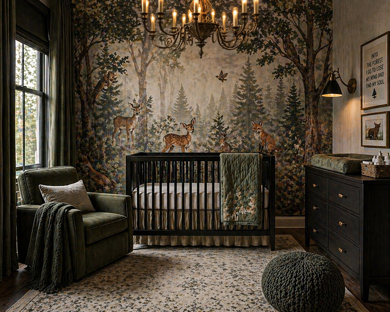 Woodland animal wallpaper in a nursery with muted fox deer and rabbit details behind a simple crib
