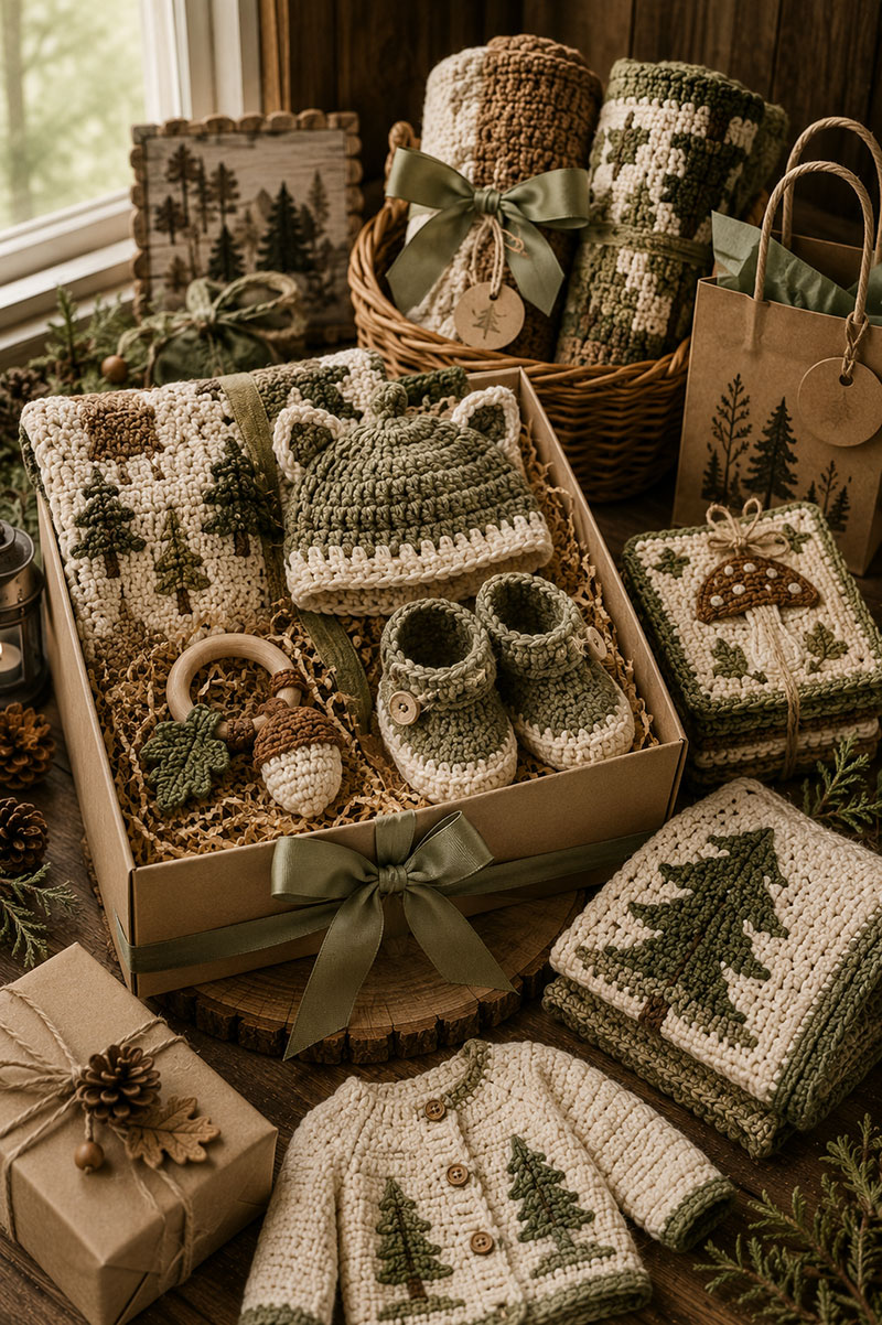 Woodland baby gift ideas with handmade quilts, crochet forest animals, nursery decor, and woodland baby shower gifts