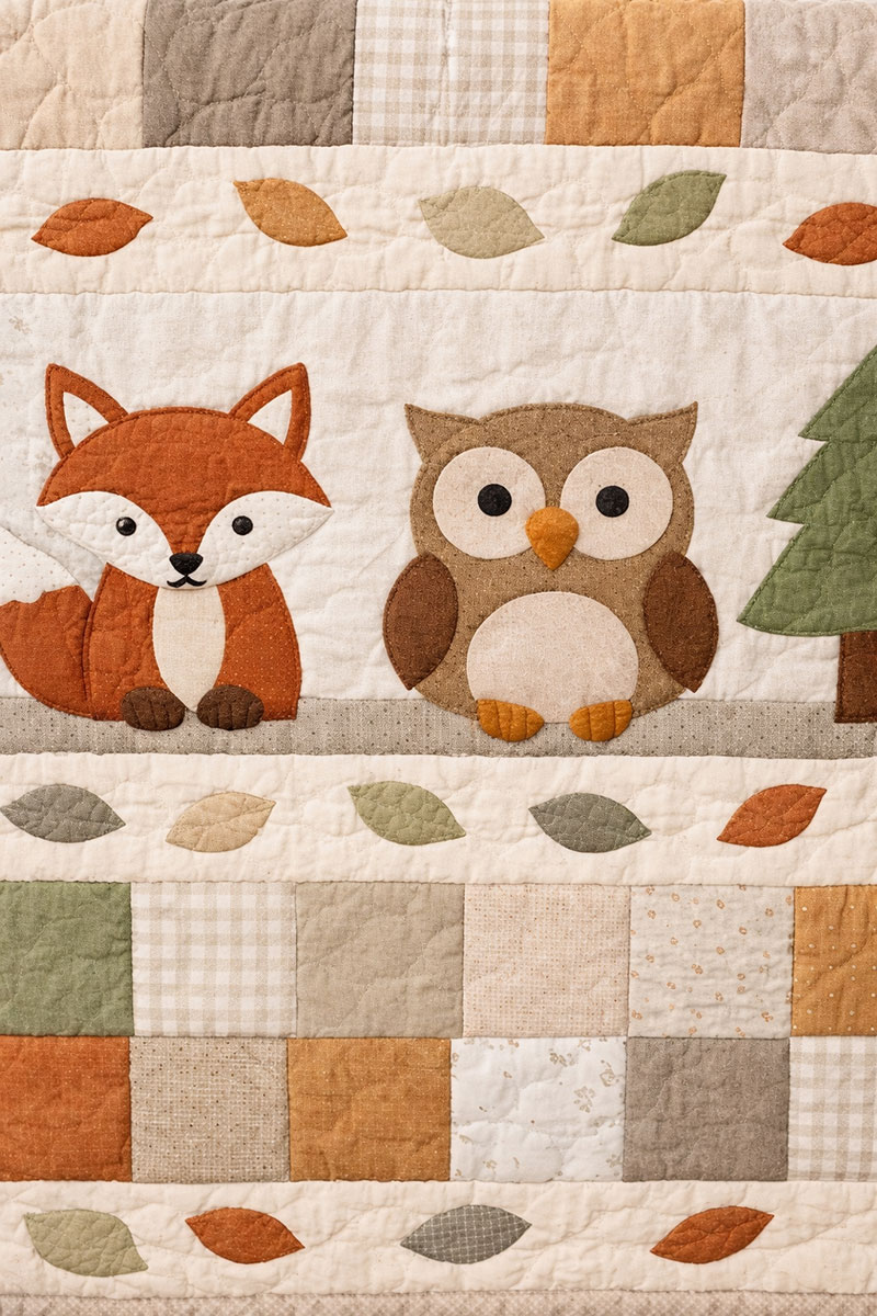 Close-up of woodland baby quilt appliqué blocks showing a fox and owl with clean stitched edges