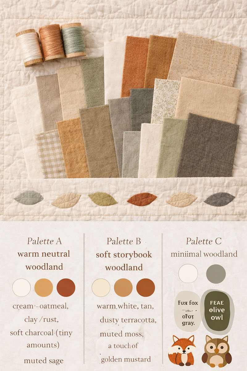 Woodland baby quilt color palette with warm neutrals, muted sage, clay rust, and soft charcoal accents