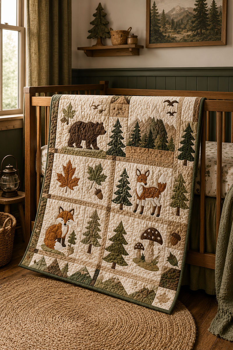 Woodland baby quilt patterns with forest animals, mushrooms, leaves, and rustic woodland nursery colors
