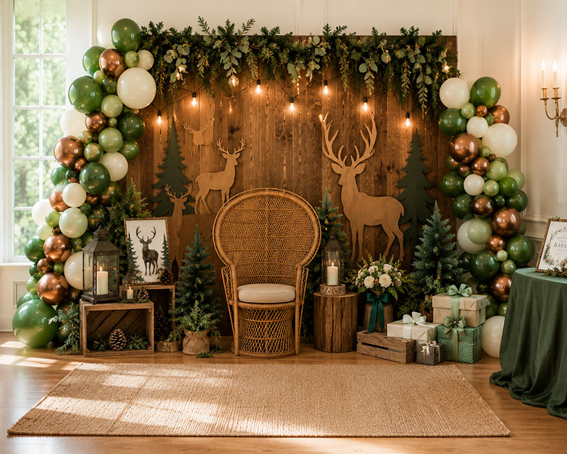 Woodland baby shower backdrop with layered balloons, forest styling, and wood details