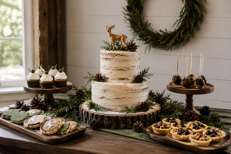 Woodland baby shower cake with bark texture icing and forest inspired dessert styling