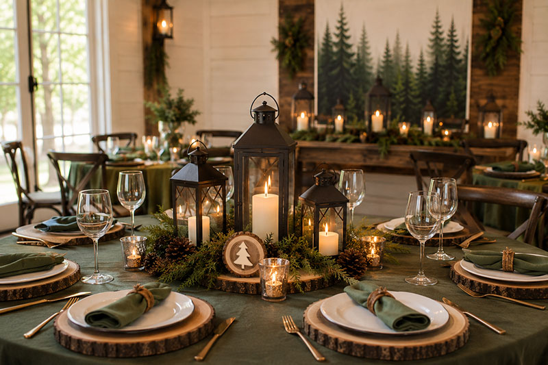 Woodland baby shower centerpiece ideas with lanterns, candles and layered wood textures