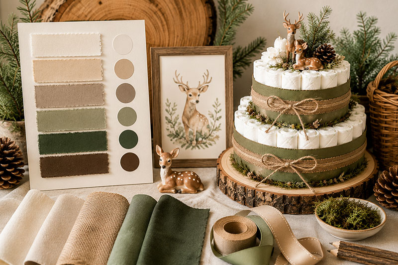 Woodland baby shower color palette with evergreen taupe bark brown and neutral woodland decor