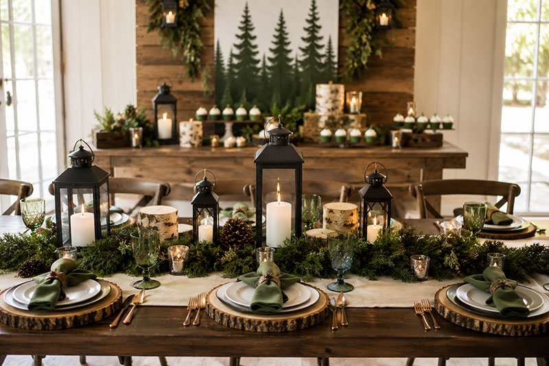 Woodland baby shower decorations with lantern lighting, wood textures and layered forest table styling