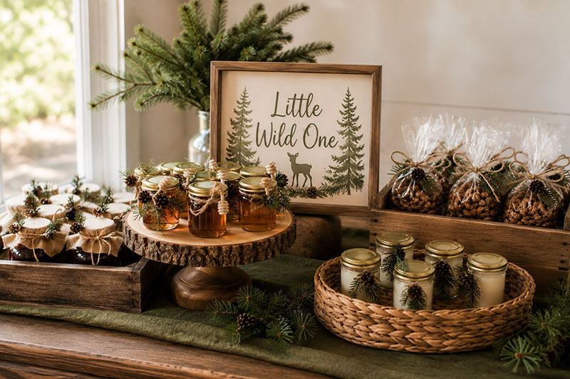Woodland baby shower favors displayed with rustic packaging and forest inspired details