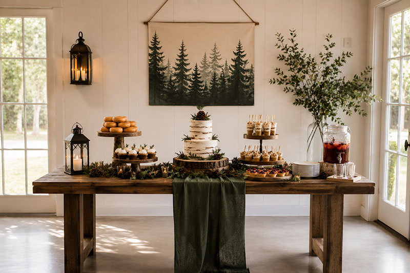 Forest inspired woodland baby shower food table with layered desserts and rustic serving pieces