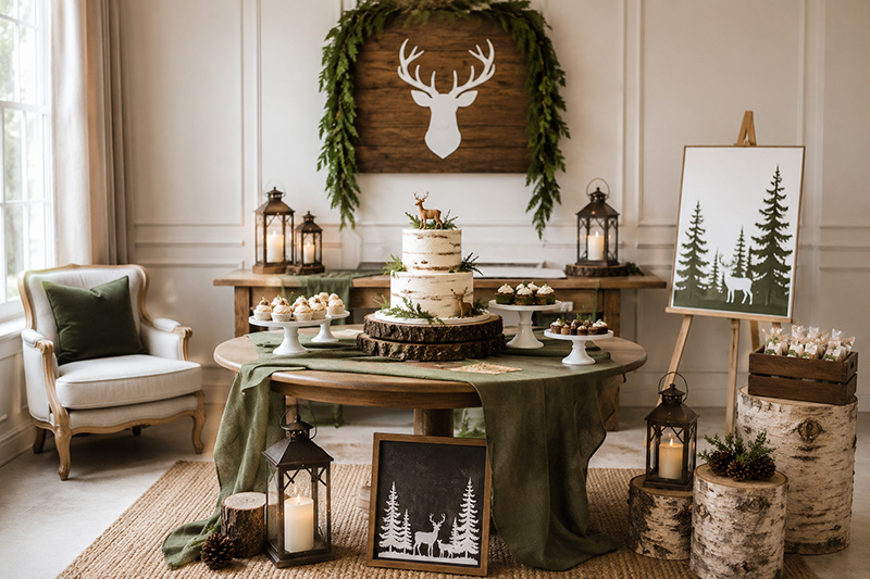 Woodland baby shower ideas with forest animal decorations, rustic table decor and woodland party details