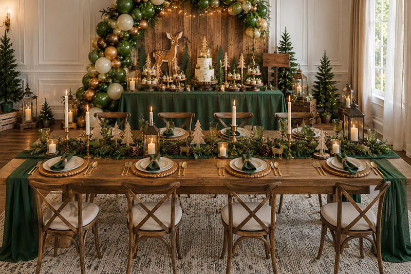 Woodland baby shower table decorations with layered place settings, wood textures, candles, and forest-inspired styling