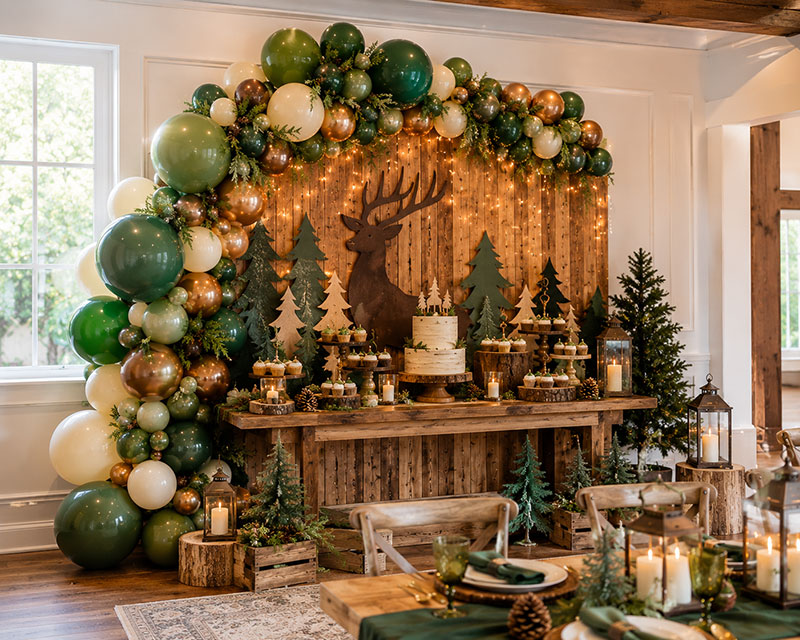 Forest-themed balloon garland with woodland baby shower decorations and layered neutral tones