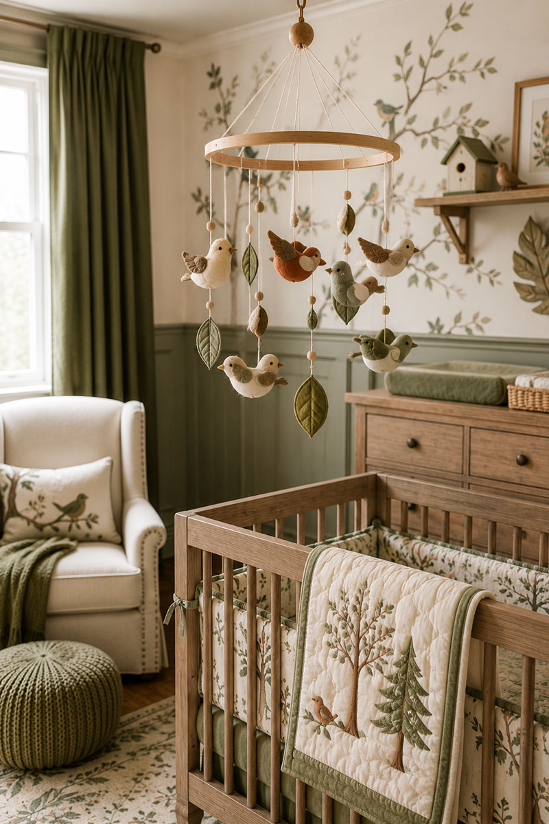 Woodland bird nursery mobile above a crib in a refined baby room