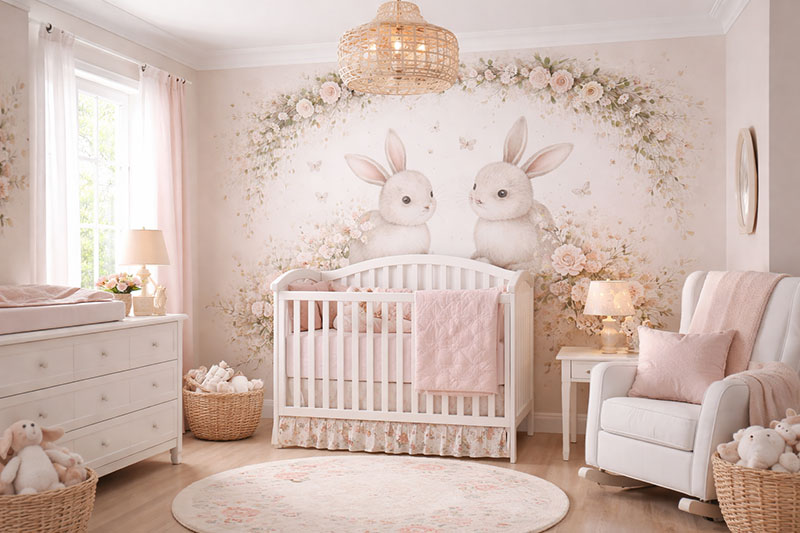 Woodland bunny rabbit nursery theme for a baby girl with soft blush tones, floral accents, and a white crib