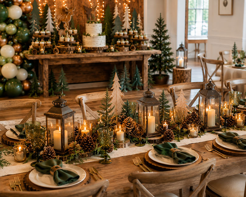 Woodland baby shower centerpiece ideas with lanterns, pinecones, candles, and forest styling