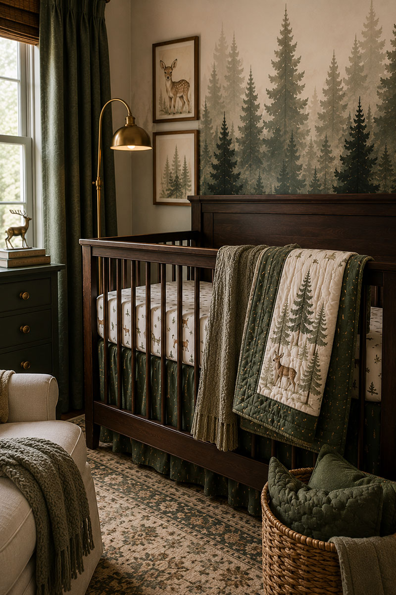 Forest friends crib bedding with layered woodland nursery textures