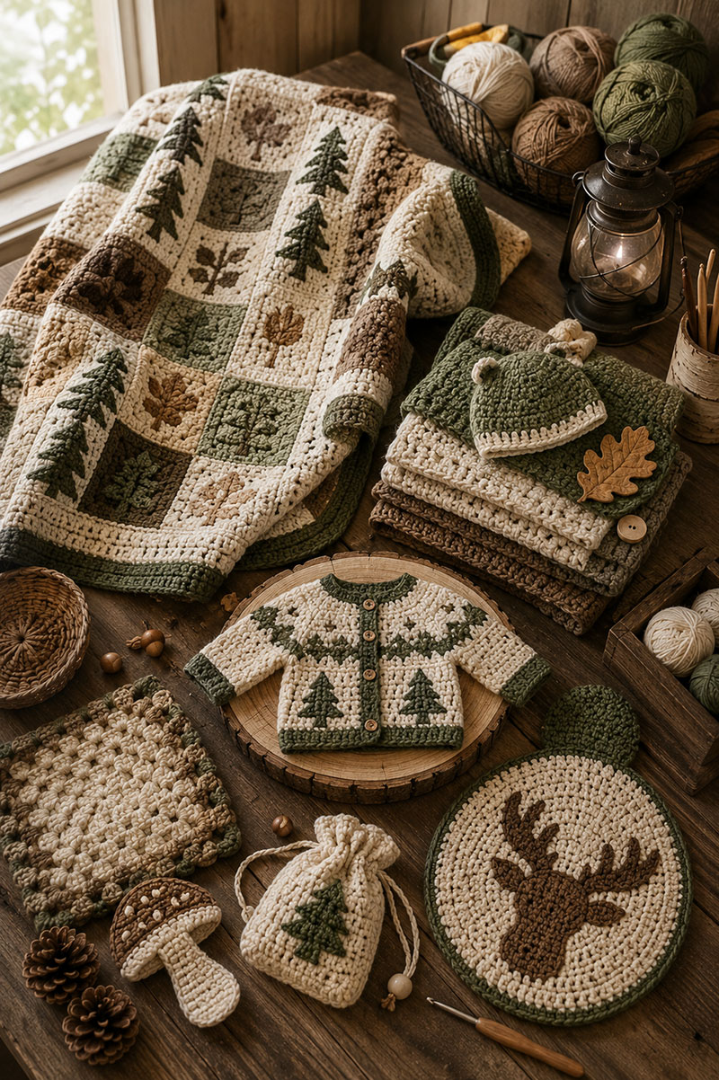 Woodland crochet patterns with forest animals, crochet baby blankets, nursery accessories, and handmade baby gifts