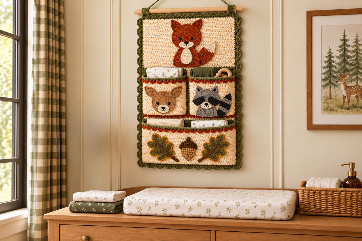 Woodland crochet wall organizer showing fox deer raccoon oak leaf and acorn applique placement on the cream storage pockets