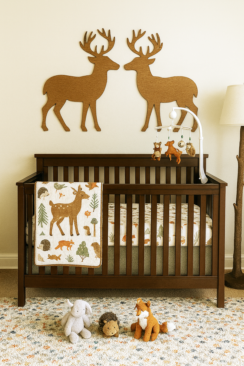 Woodland baby boy nursery with dark wood crib, two wooden deer wall signs and forest animal bedding