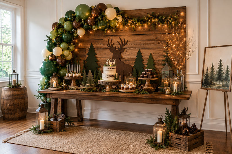 Woodland dessert table decorations with layered cake stands and forest-themed styling
