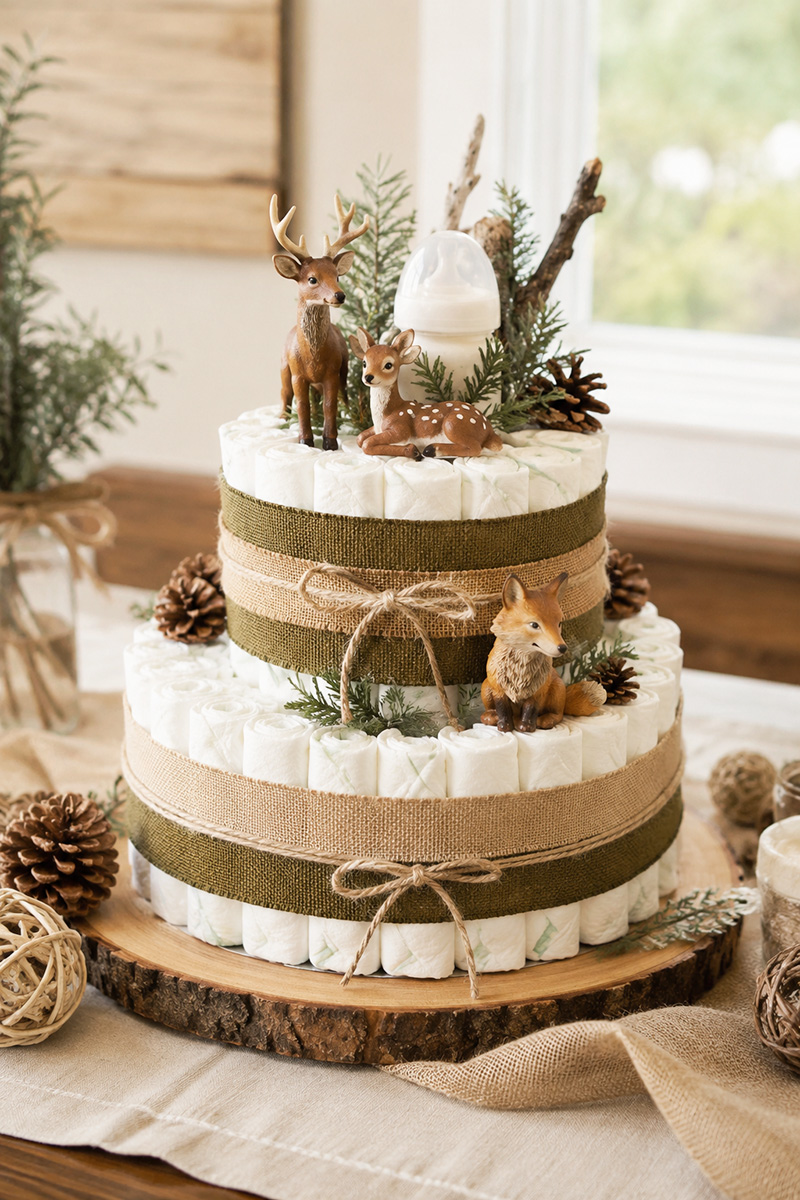 Elegant woodland diaper cake centerpiece with rustic forest animals and neutral baby shower decor