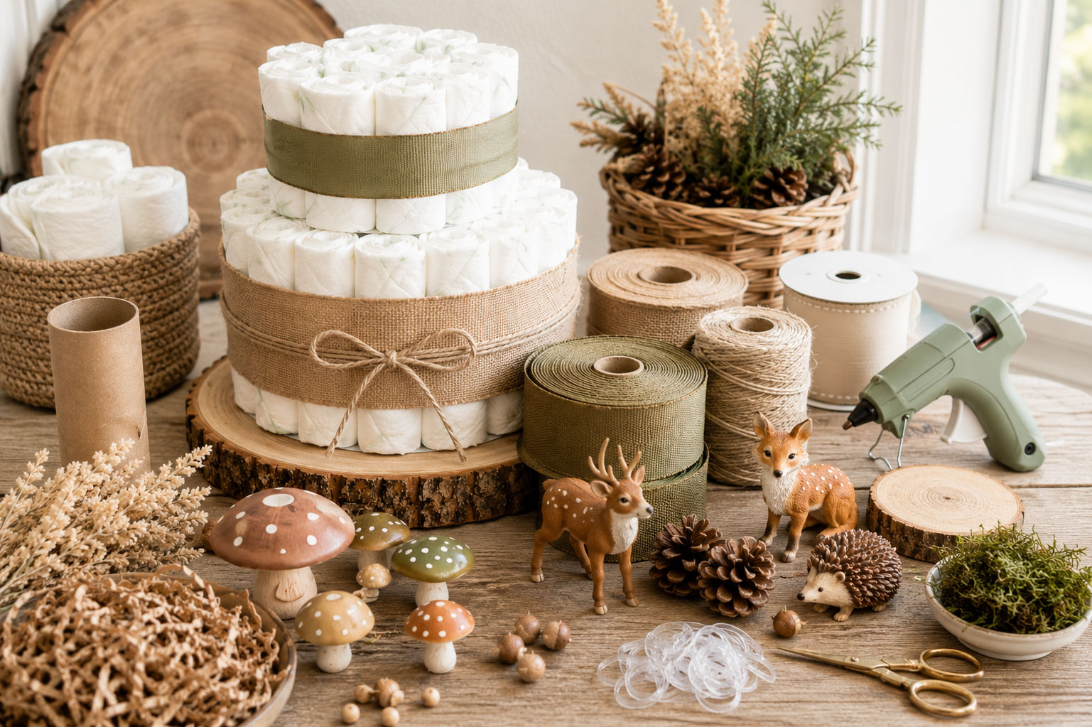 Woodland diaper cake supplies arranged for a rustic baby shower centerpiece project