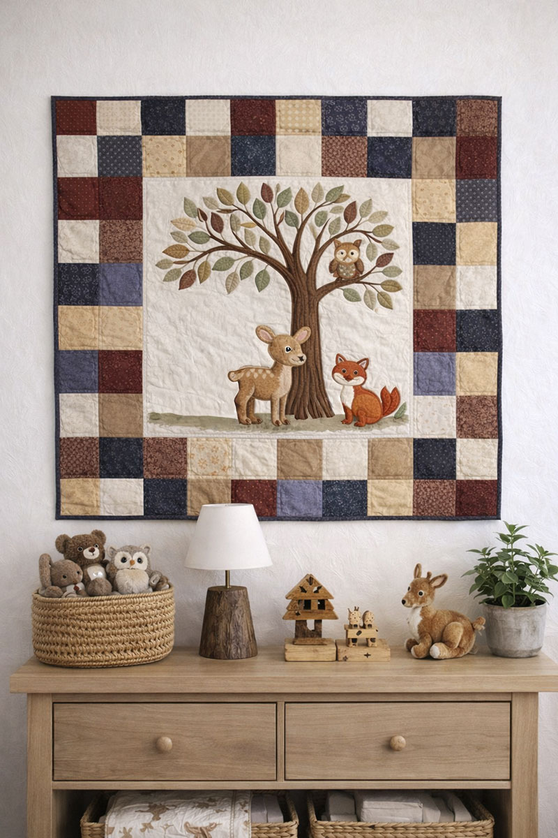 Woodland forest animal appliqué baby quilt with patchwork border displayed as nursery wall hanging above a changing table