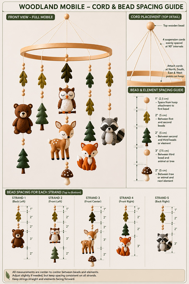 Cord length and bead spacing for a DIY woodland crib mobile