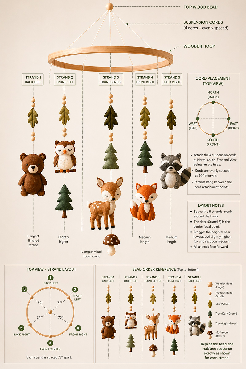 Exact strand layout guide for a DIY woodland crib mobile