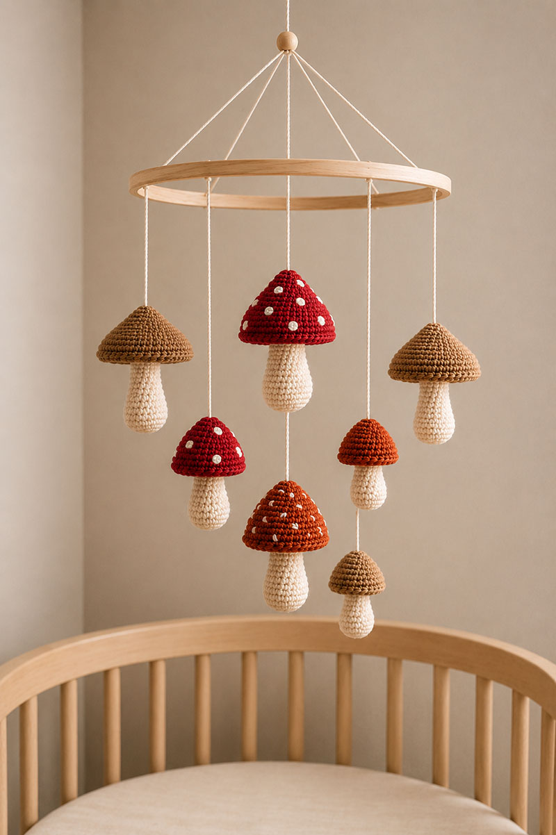 Woodland crochet mushroom mobile hanging above a nursery crib