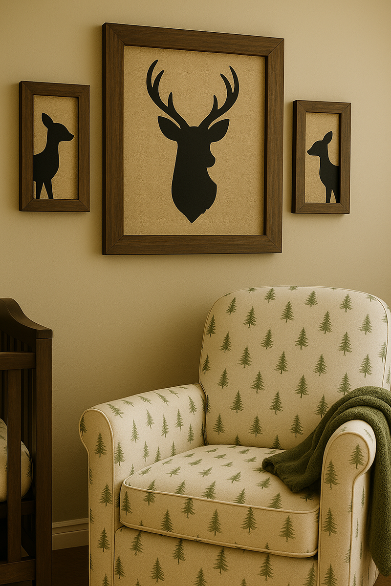 Woodland nursery corner with fir tree print chair, green throw blanket, and deer silhouette wall art trio