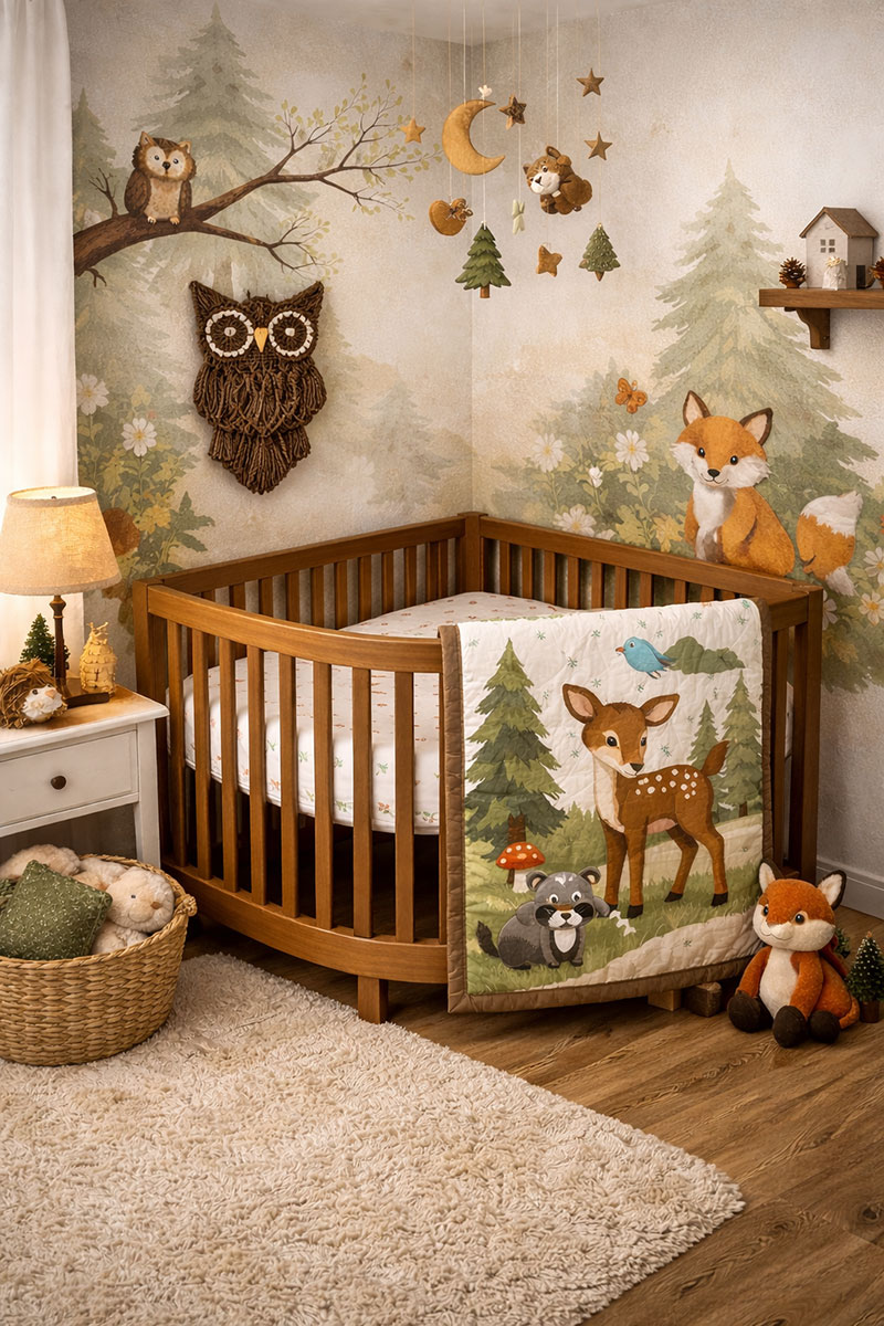 Woodland nursery with a crib placed in the corner and a deer quilt displayed nearby
