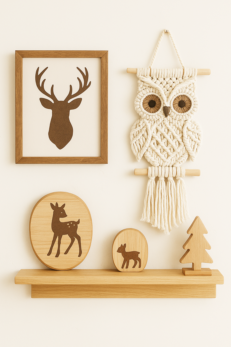 Handmade woodland baby nursery decor with macrame owl and deer wall art