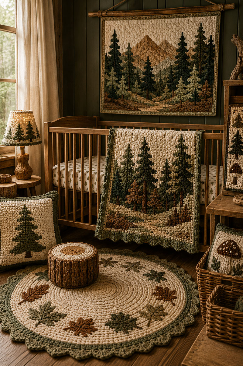 Woodland nursery decor patterns with handmade baby quilts, crochet forest animals, and woodland nursery accessories