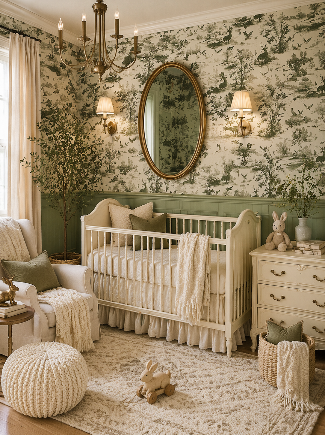 Finished woodland nursery layout with balanced decor