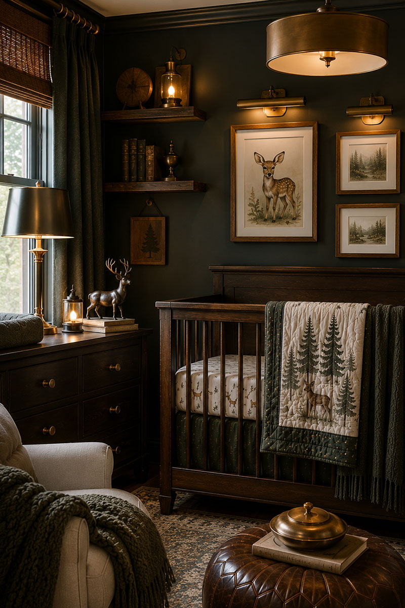 Forest friends nursery with layered lighting and woodland wall decor